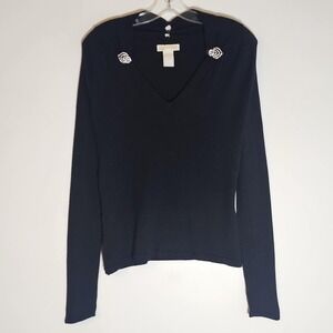 Christina Sweater Womens Small Black V Neck Rhinestone Embellished Bling Glam S